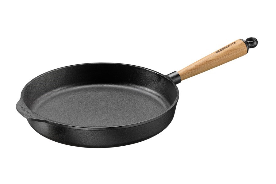 Hlboká liatinová panvica s dubovou rúčkou – 28 cm – nápis